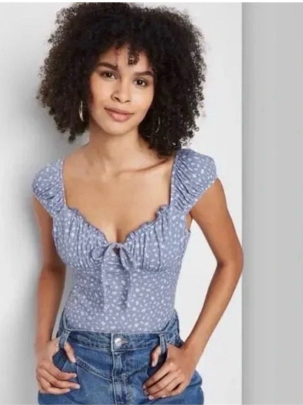 Blue Floral Bodysuit | Ruffle Top | Women's XL